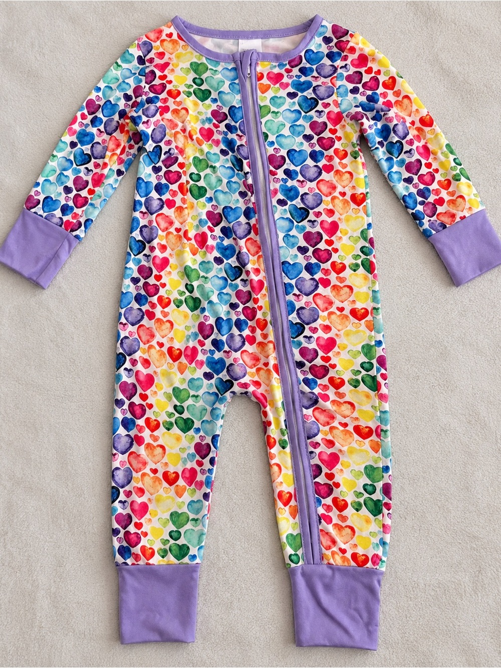 Baby/Toddler Rainbow Heart Footie One-Piece with Purple Trim